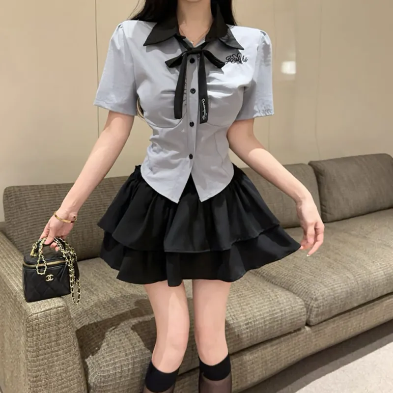 Garbege Skirt Set Women's Blue Shirt Cuff Black Skirt-4