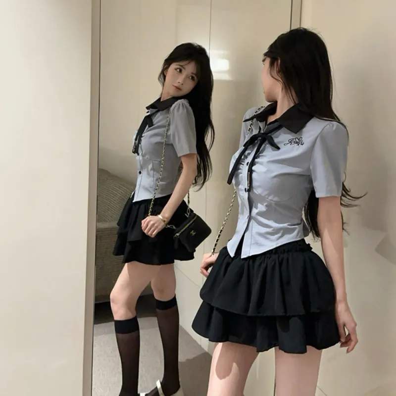 Garbege Skirt Set Women's Blue Shirt Cuff Black Skirt-6