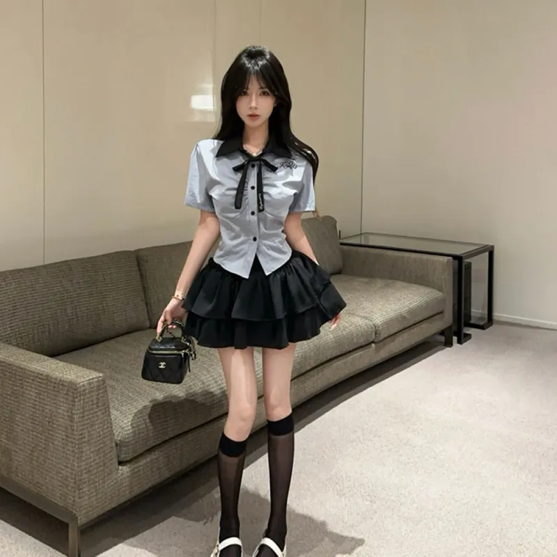 Garbege Skirt Set Women's Blue Shirt Cuff Black Skirt-5