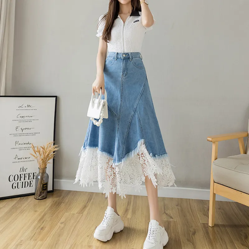 Garbege Denim Long Skirts Women's Blue-3