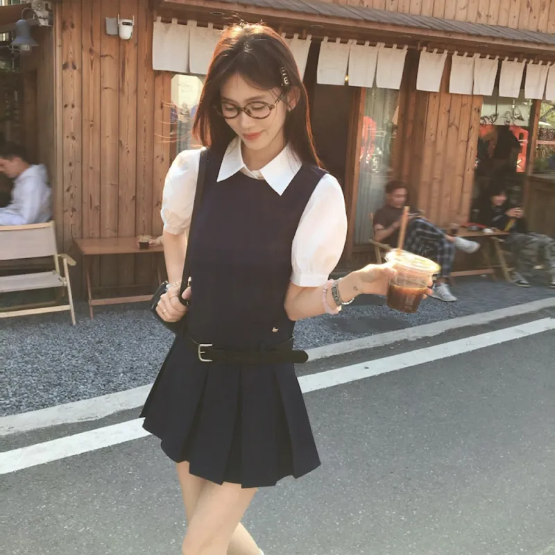 Garbege Two Piece Skirt Sets Women's White Top Navy Blue Dress-1