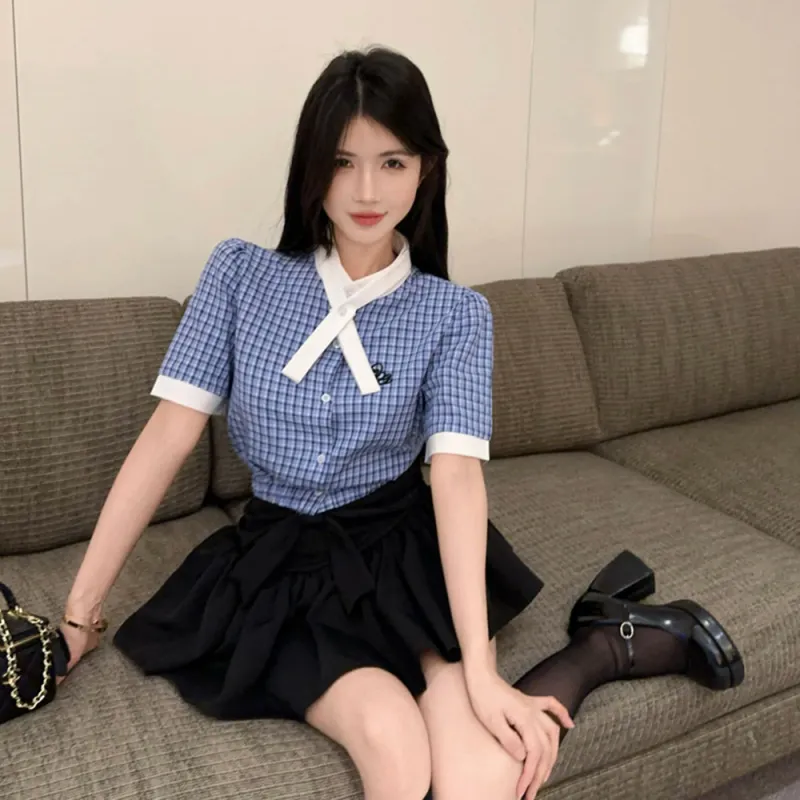 Garbege Uniform Women's Blue Shirt Bow Tie Black Skirt Set-5
