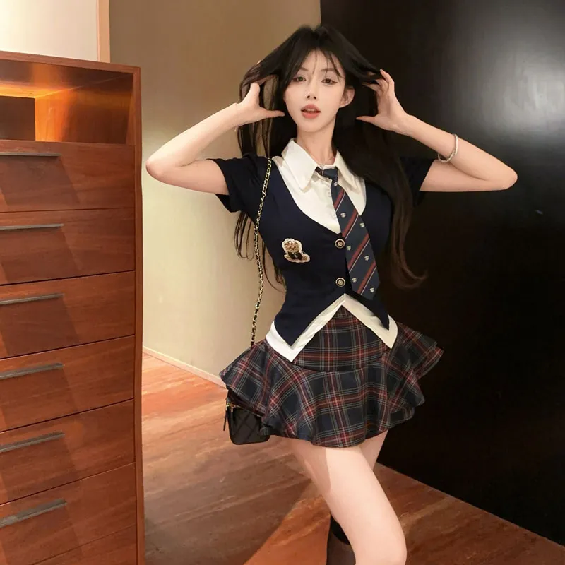 Garbege Uniforms Women's Shirt Tie Plaid Skirt Clothing Sets-2