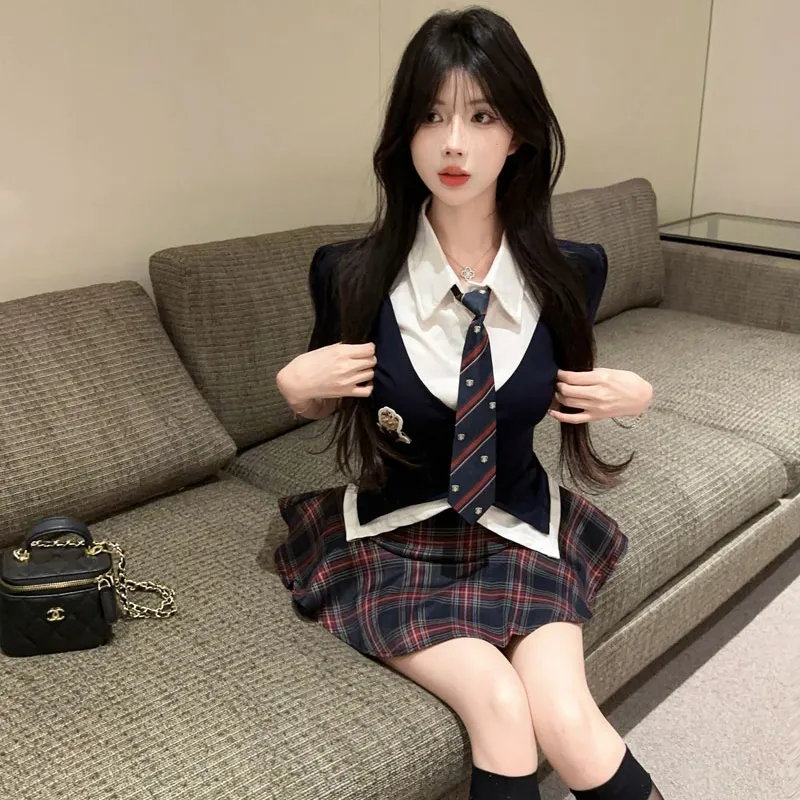 Garbege Uniforms Women's Shirt Tie Plaid Skirt Clothing Sets-3