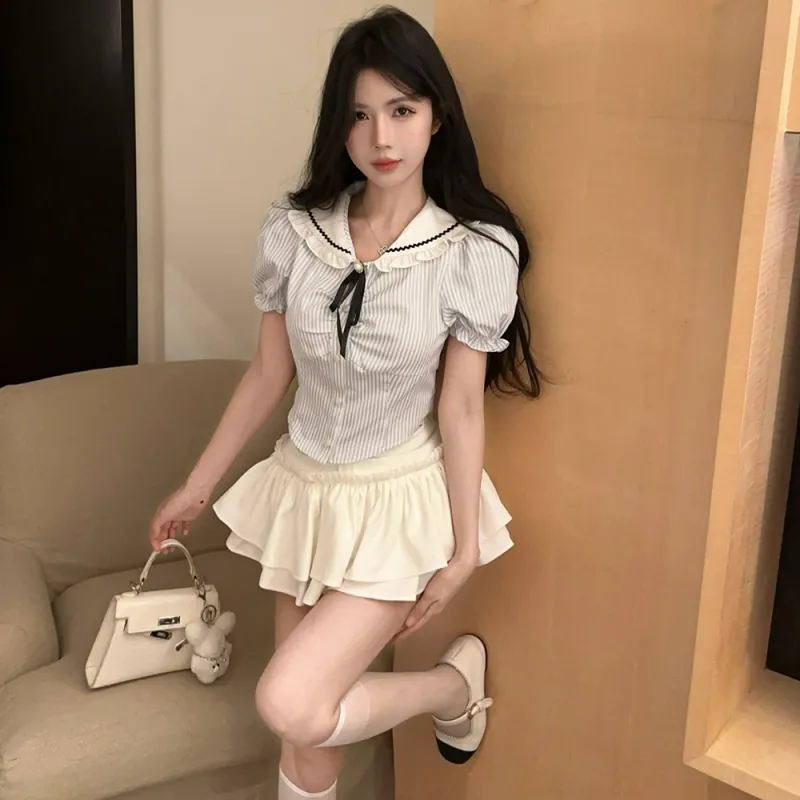 Garbege Uniforms Women's White Shirt Bow Tie+White Skirt Clothing Set-2