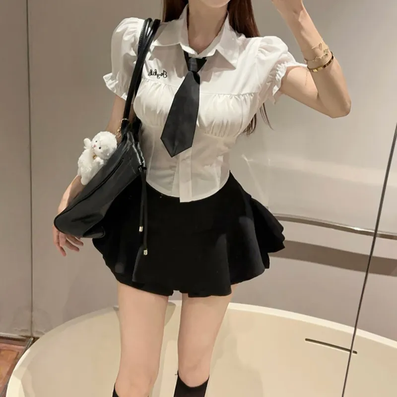 Garbege Uniforms Women's White Shirt+Black Skirt Tie Clothing Sets-5