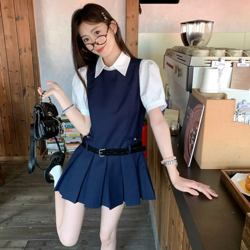Garbege Two Piece Skirt Sets Women's White Top Navy Blue Dress-4