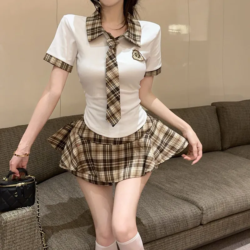 Garbege Uniforms Women's White Top+Plaid Skirt Tie Clothing Sets-5