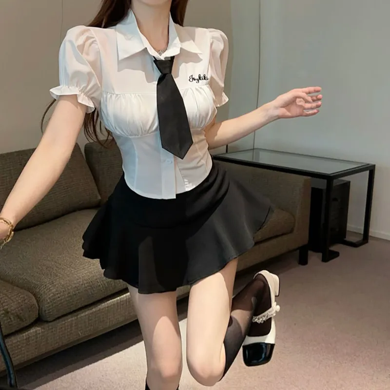 Garbege Uniforms Women's White Shirt+Black Skirt Tie Clothing Sets-6
