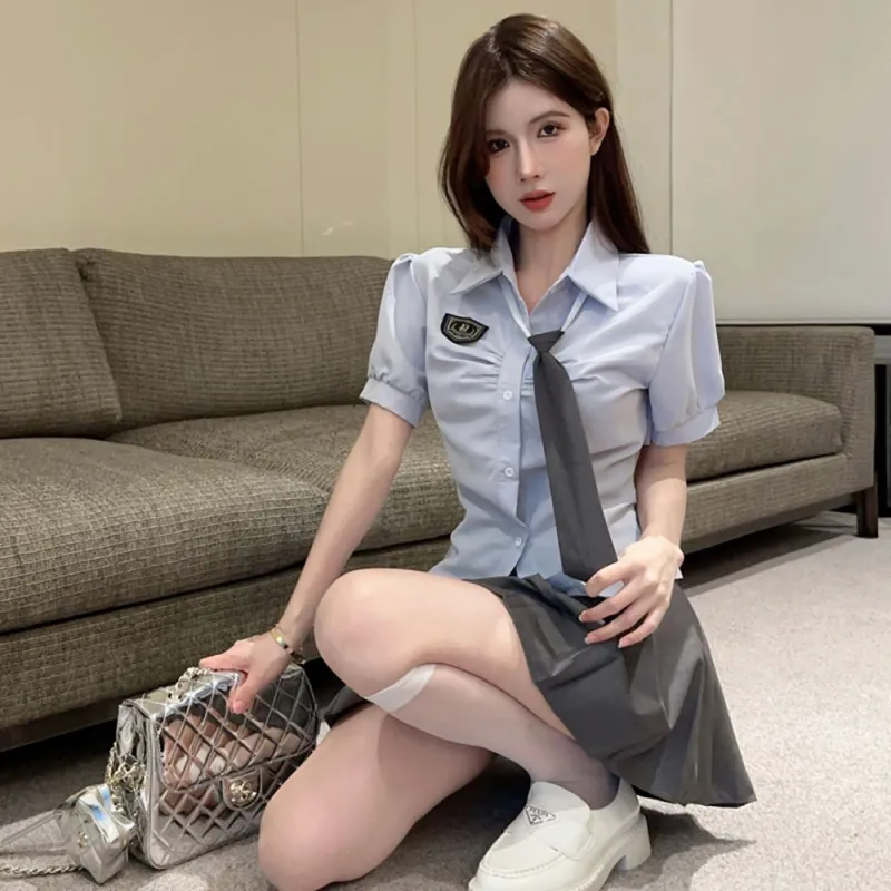 Garbege Uniform Women's Shirt Tie Pleated Skirt Set-6