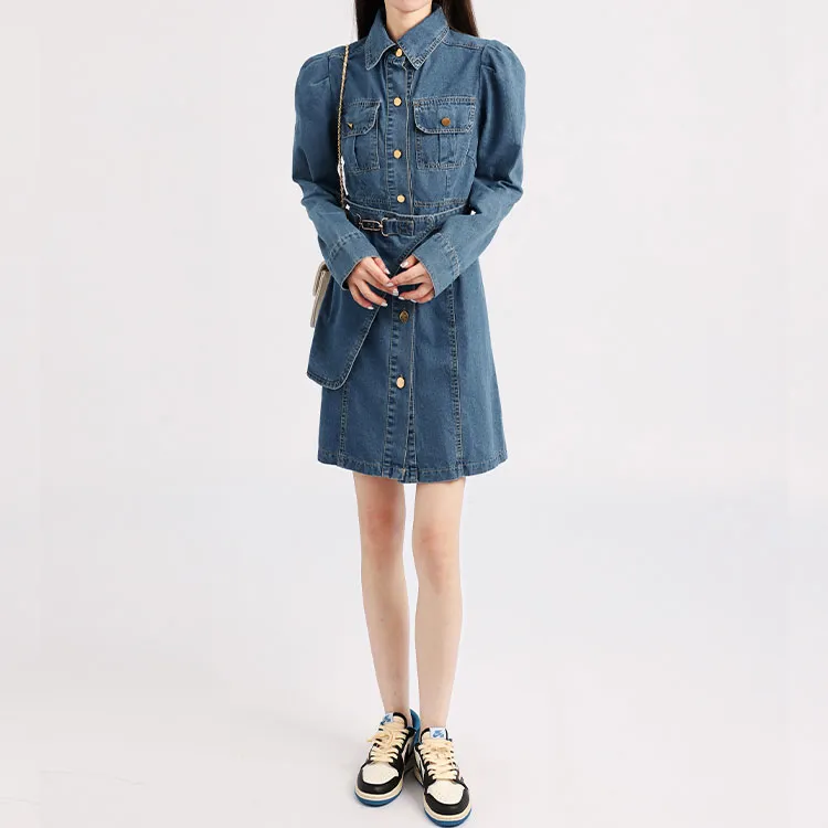 Garbege Long Sleeved Dresses Women's Blue-4