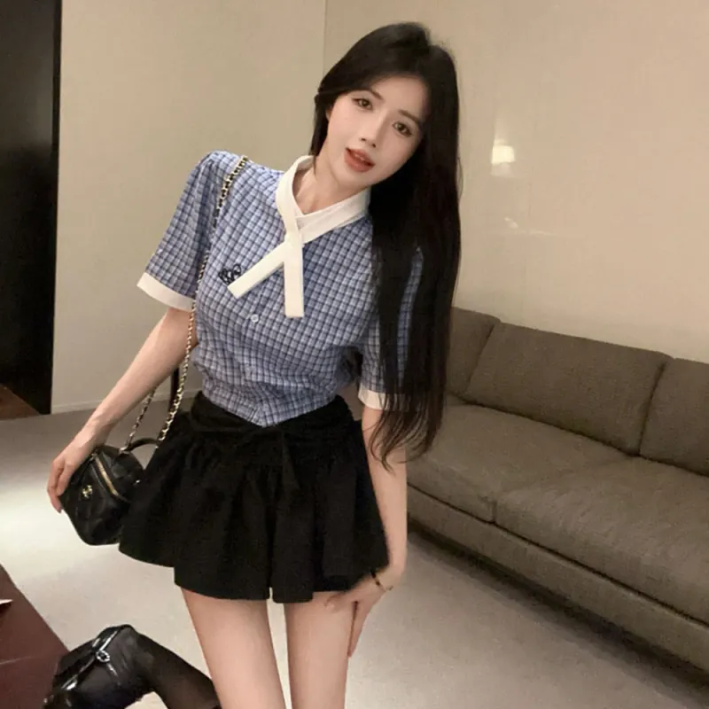 Garbege Uniform Women's Blue Shirt Bow Tie Black Skirt Set-1