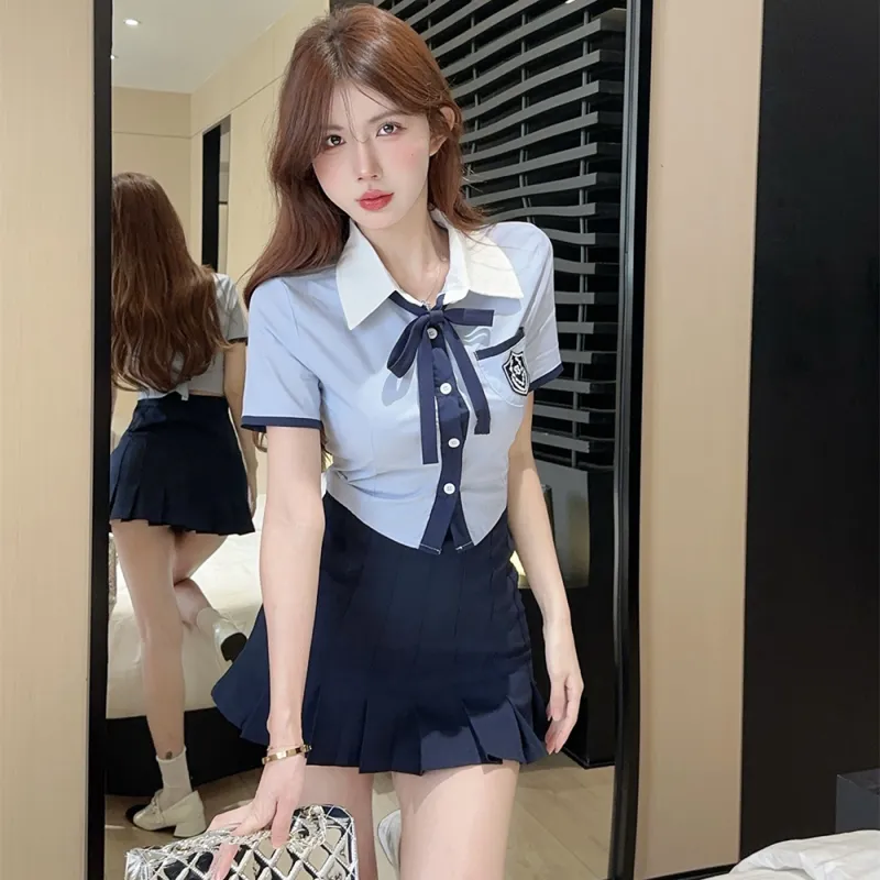 Garbege Uniform Women's Blue Shirt Cuff Blue Skirt Set-2