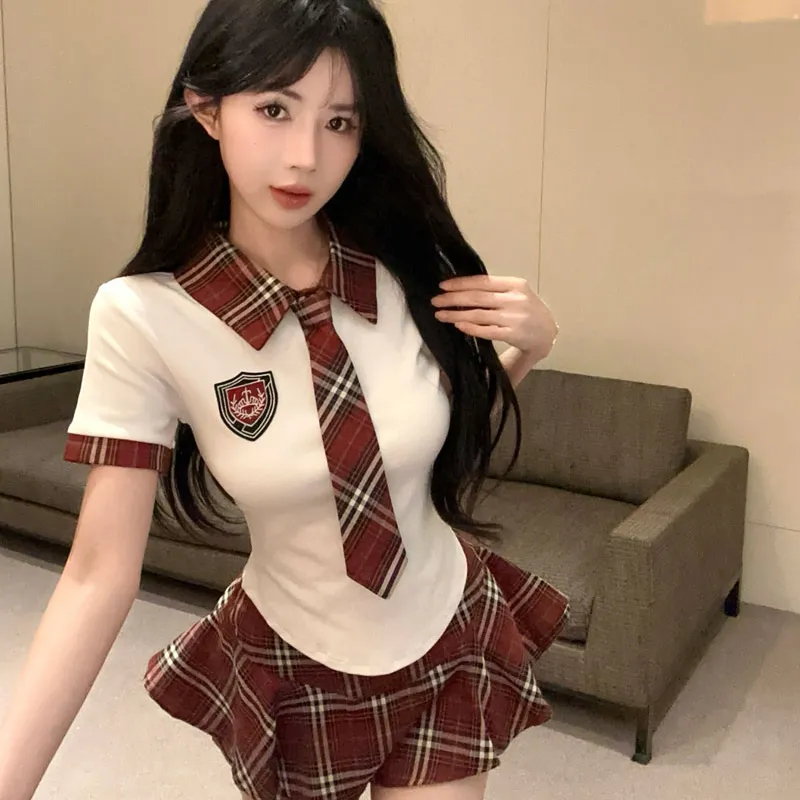 Garbege Uniforms Women's White Top+Plaid Skirt Tie Clothing Sets-4