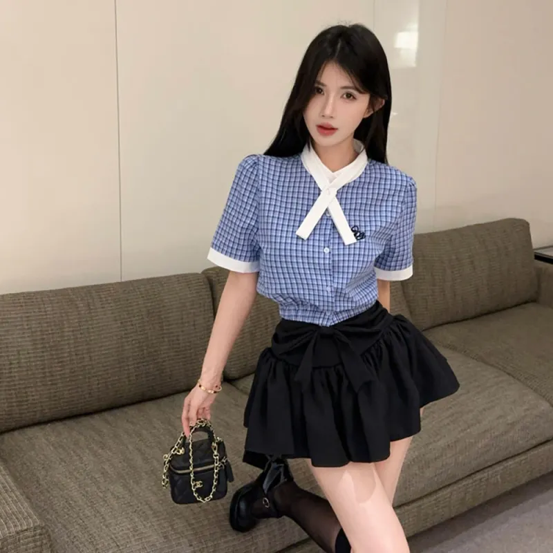 Garbege Uniform Women's Blue Shirt Bow Tie Black Skirt Set-2