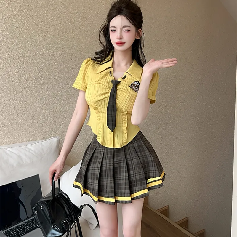 Garbege Uniforms Women's Yellow Top Tie+Gray Skirt Set-3