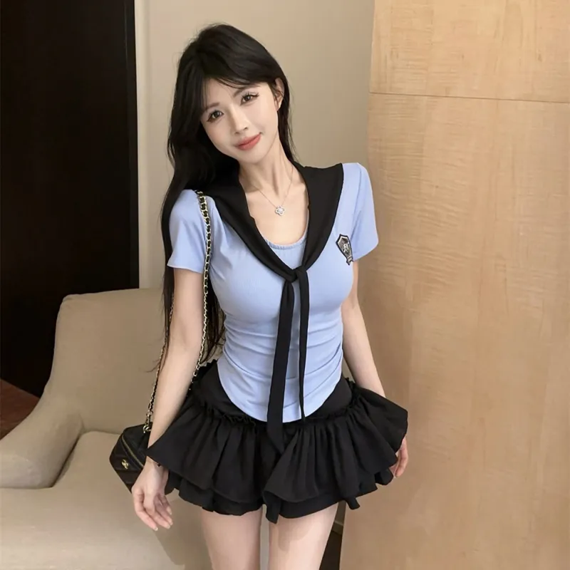 Garbege Uniforms Women's Blue Top+Black Skirt Set-5