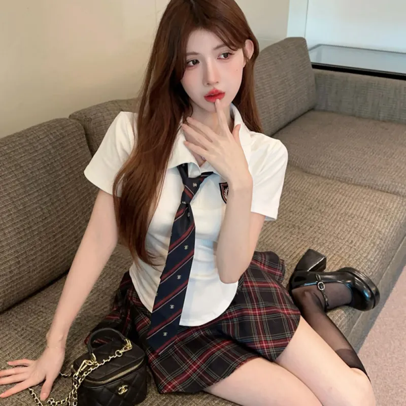 Garbege Uniforms Women's White Shirt Tie Plaid Skirt Clothing Set-4
