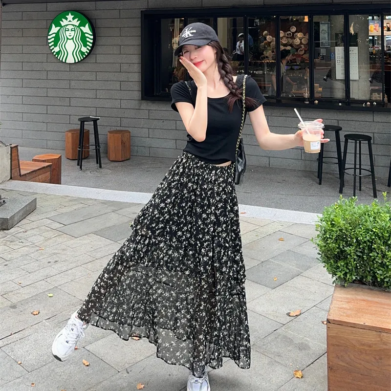 Garbege Casual Long Skirts Women's Black Floral-7