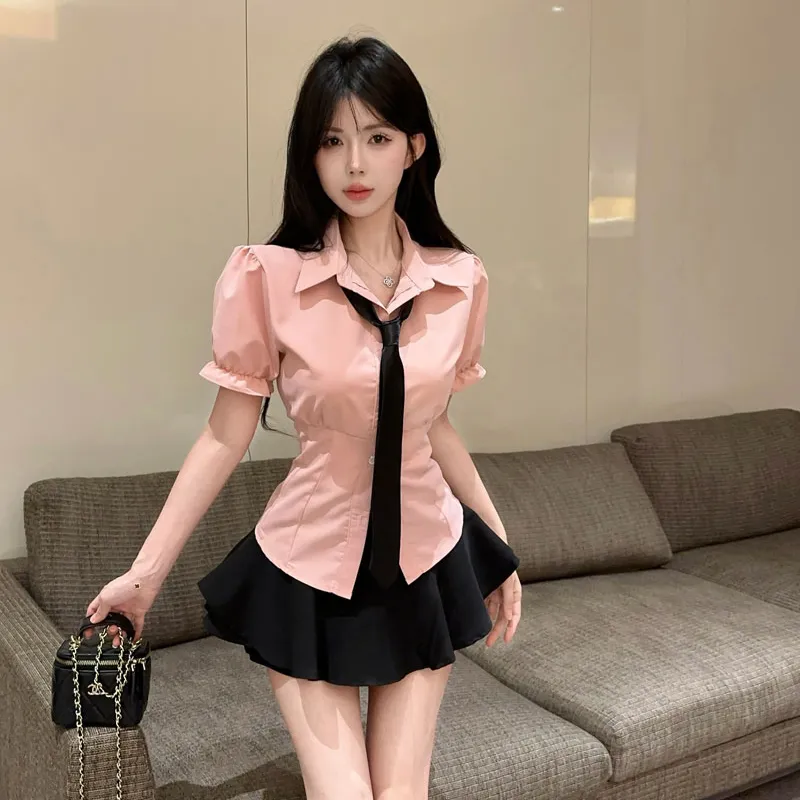Garbege Uniforms Women's Pink Shirt+Black Skirt Tie Clothing Sets-1