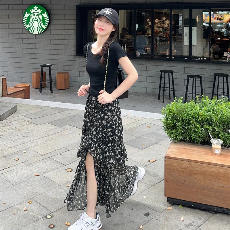 Garbege Casual Long Skirts Women's Black Floral-6