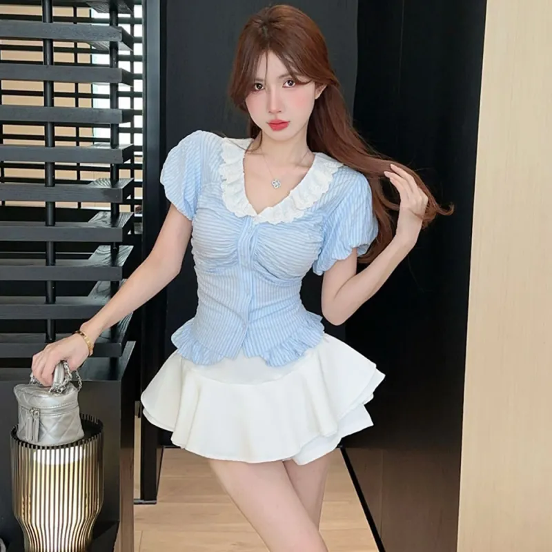 Garbege Skirt Set Women's Blue White-2