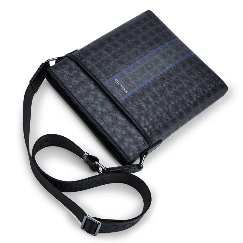 WilliamPOLO PVC Advanced Niche Crossbody Bag Shoulder Bag Men's Black Grid Pattern-3