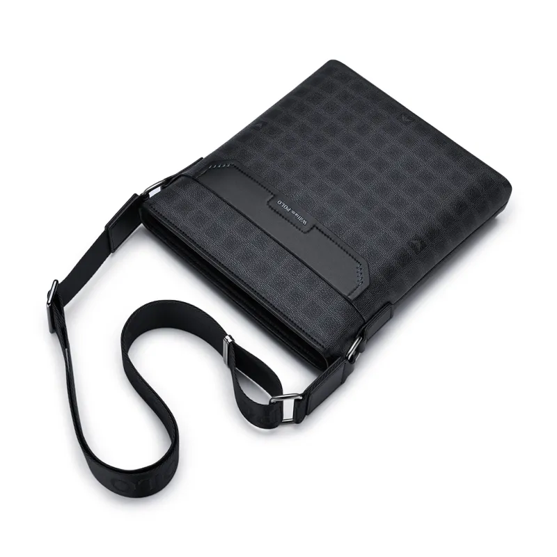WilliamPOLO PVC Shoulder Bag Men's Black Grid Pattern-4