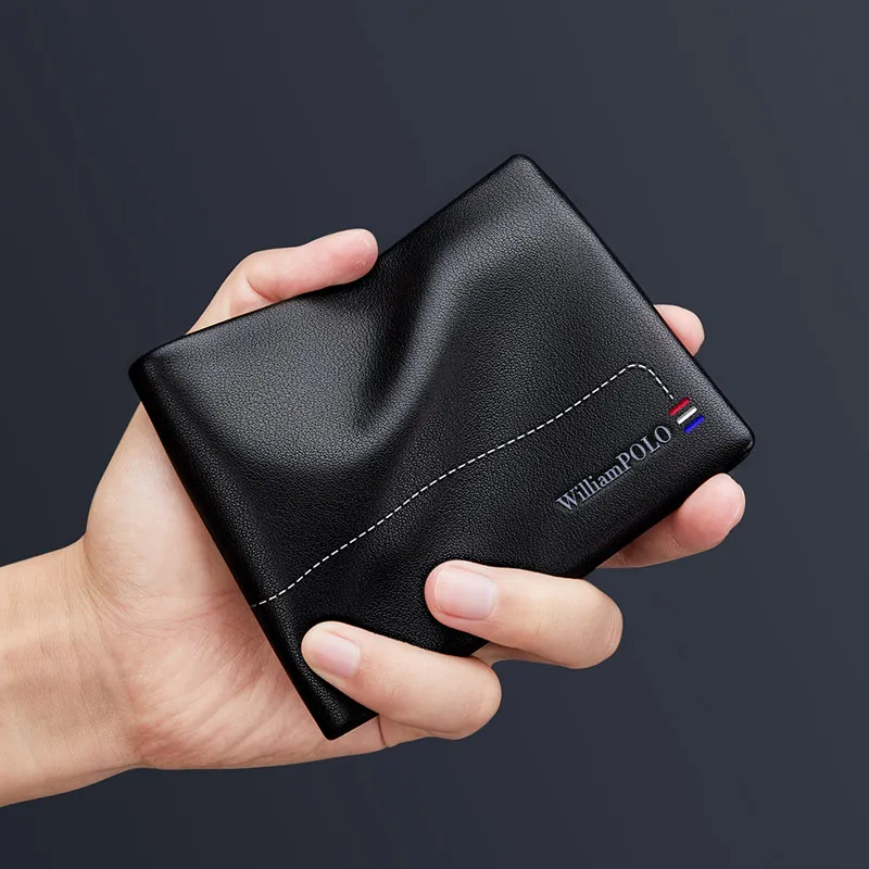 WilliamPOLO Nappa Top Grain Cow Leather Genuine Leather Long/Cropped Wallet Money Clip Unisex Black-4
