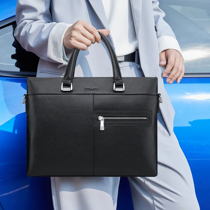 WilliamPOLO Cow Leather Portable Crossbody Briefcase Regular Men's Black-6