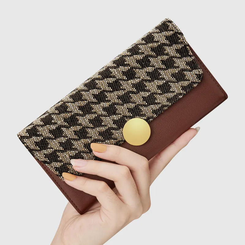 WilliamPOLO Cow Leather Patchwork With Fabric Long Cropped Wallet Multifunction Coin Purse Regular Women's Coffee-11