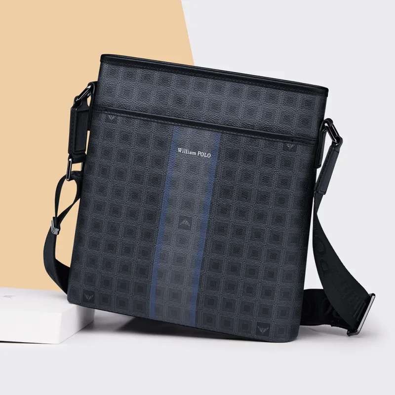 WilliamPOLO PVC Advanced Niche Crossbody Bag Shoulder Bag Men's Black Grid Pattern-6