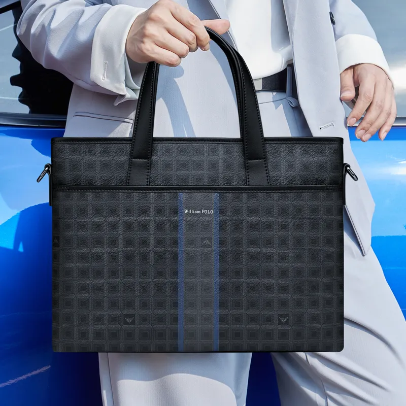 WilliamPOLO PVC 14 Inch Laptop Bag Commute Bag Portable Briefcase Crossbody Bag Men's Black Grid Pattern-5