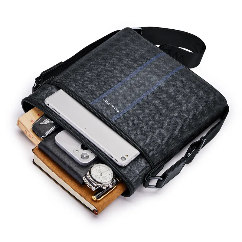 WilliamPOLO PVC Advanced Niche Crossbody Bag Shoulder Bag Men's Black Grid Pattern-5