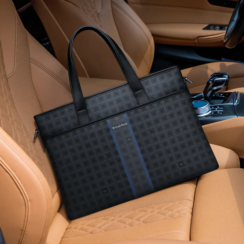 WilliamPOLO PVC 14 Inch Laptop Bag Commute Bag Portable Briefcase Crossbody Bag Men's Black Grid Pattern-6