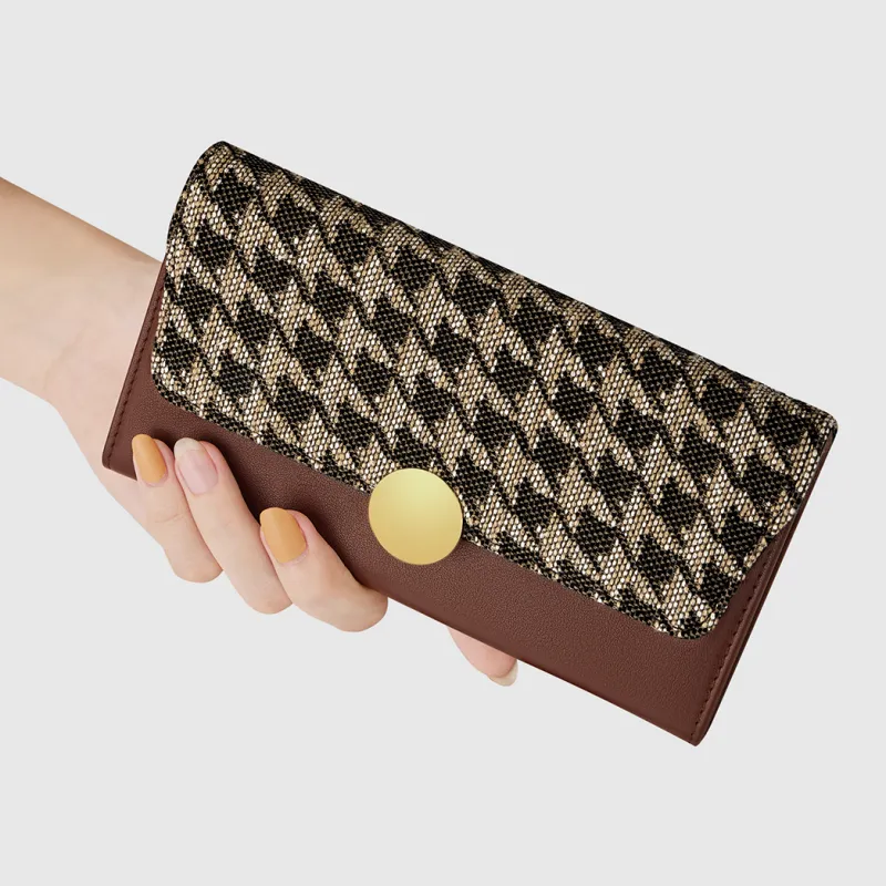 WilliamPOLO Cow Leather Patchwork With Fabric Long Cropped Wallet Multifunction Coin Purse Regular Women's Coffee-12