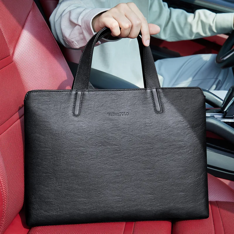 WilliamPOLO Top Grain Cow Leather Briefcases Handbags Medium Size Men's Black-6