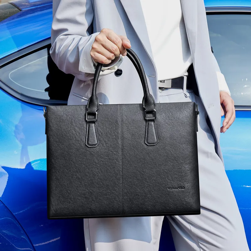 WilliamPOLO Top Grain Cow Leather Briefcase Large Size Men's Black-6