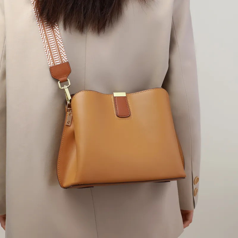 COMELY Cow Leather With Synthetic Leather Bucket Bag, Shoulder Bag, Crossbody Bag Regular Women's Sunset Yellow-3