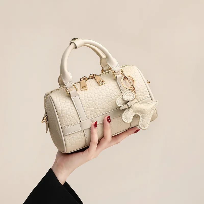 COMELY Cow Leather Boston Bag, One Shoulder Handbag, Crossbody Bag Regular Women's Camellia White-5