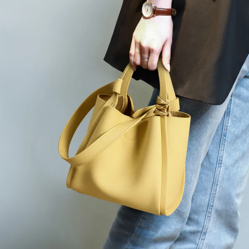 COMELY Cow Leather Bucket Bag Khaki One Shoulder Handbag Regular Women's Milkshake White/Iris Yellow-10