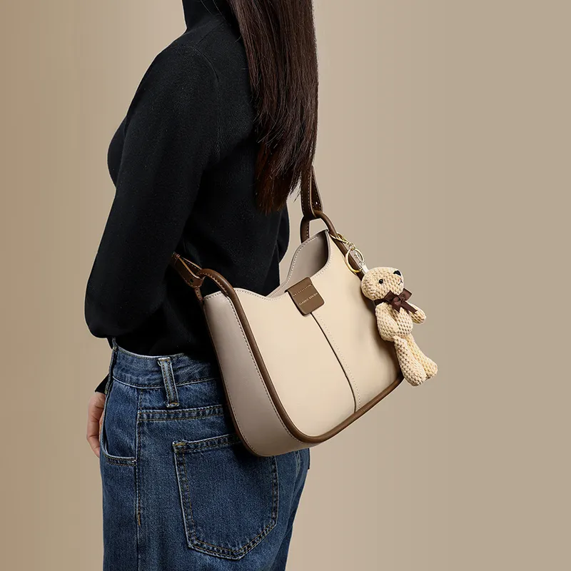 COMELY Cow Leather With Synthetic Leather Bucket Bag Saddle Bag Crossbody Bag Shoulder Bag Women's Apricot-4