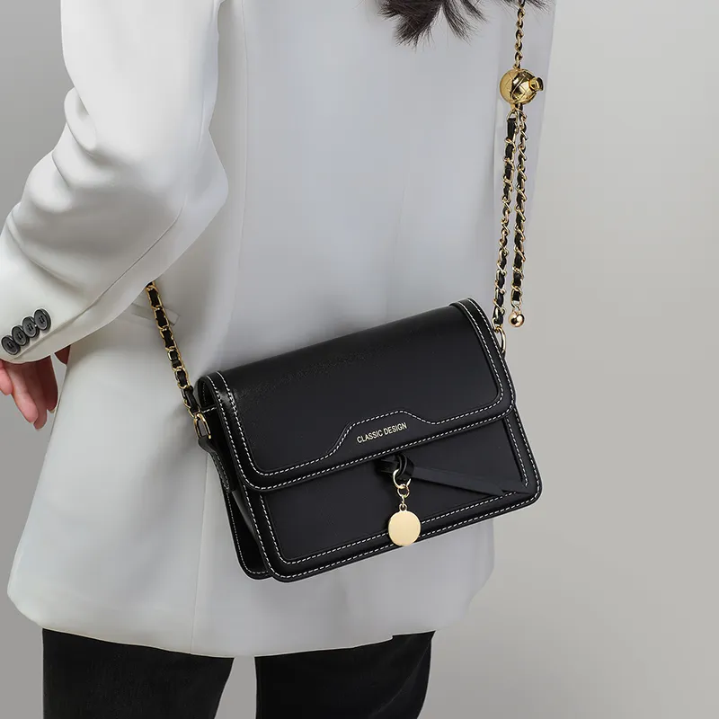 COMELY Cow Leather Crossbody Bag, Chain Bag Women's Black-3