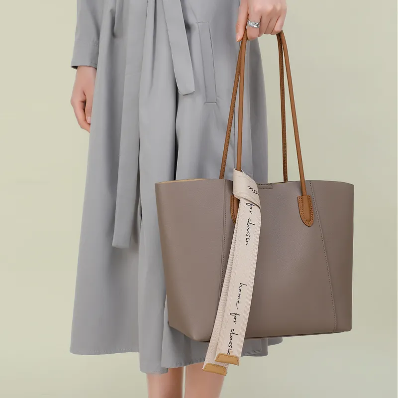 COMELY Cow Leather Patchwork Synthetic Leather Tote Bag Shoulder Bag Shopping Bag Medium Size Women's Remain Moon Gray-4