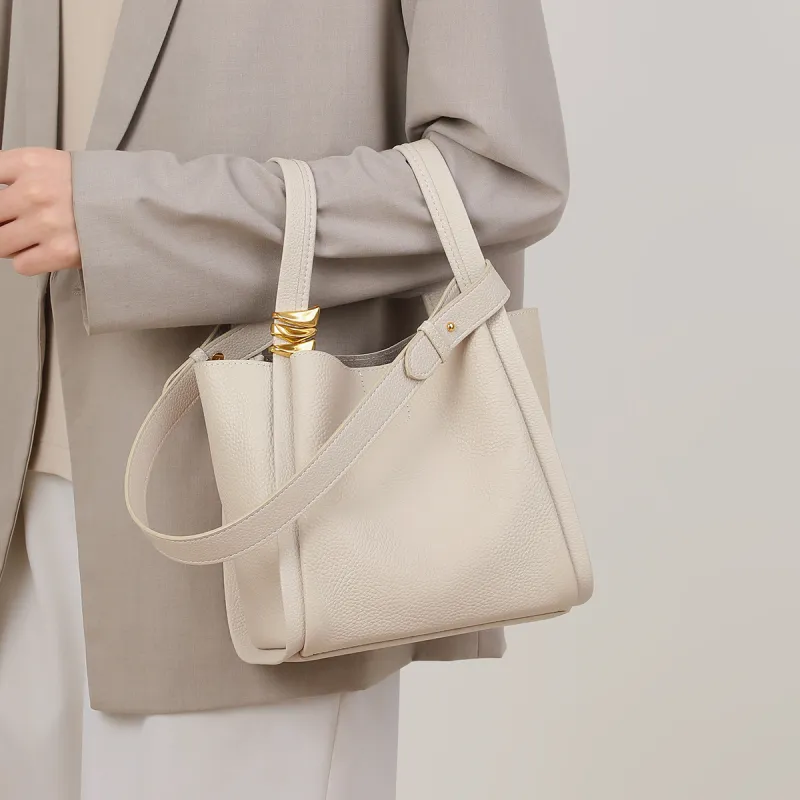 COMELY Cow Leather Bucket Bag Khaki One Shoulder Handbag Regular Women's Milkshake White/Iris Yellow-4