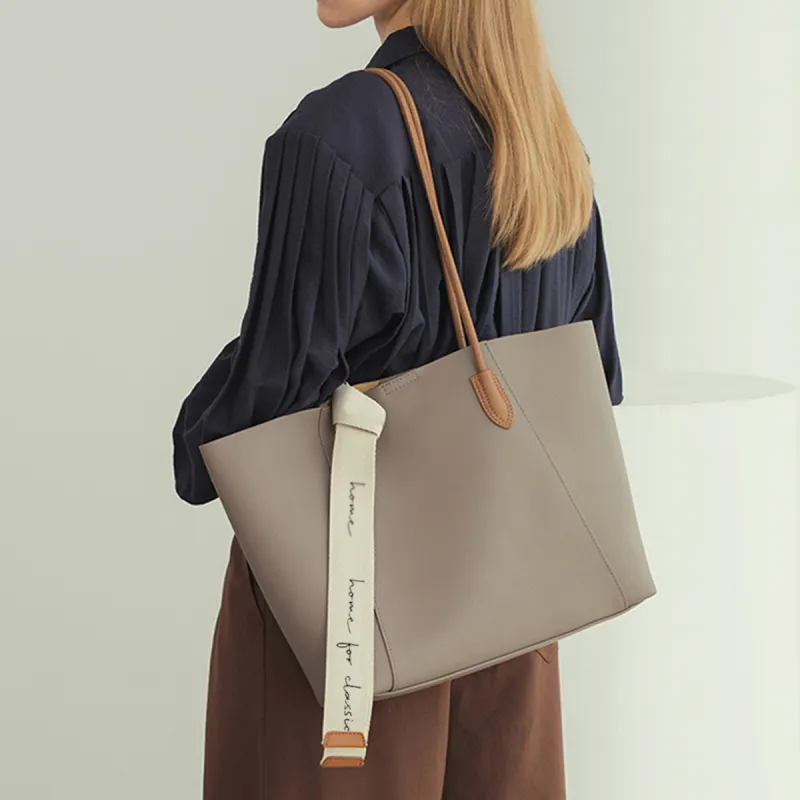 COMELY Cow Leather Patchwork Synthetic Leather Tote Bag Shoulder Bag Shopping Bag Medium Size Women's Remain Moon Gray-1