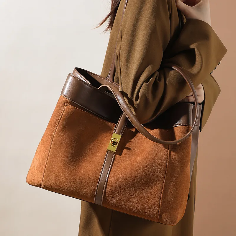 COMELY Cow Leather Patchwork Synthetic Leather Tote Bag Shopping Bag Handbag Shoulder Bag Medium Size Women's Brown-3