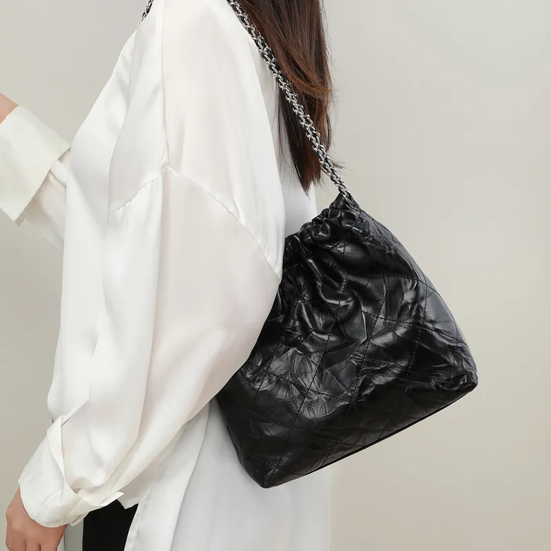COMELY Cow Leather Patchwork Synthetic Leather Bucket Bag Chain Trash Bag Crossbody Bag Shoulder Bag Women's Black-3