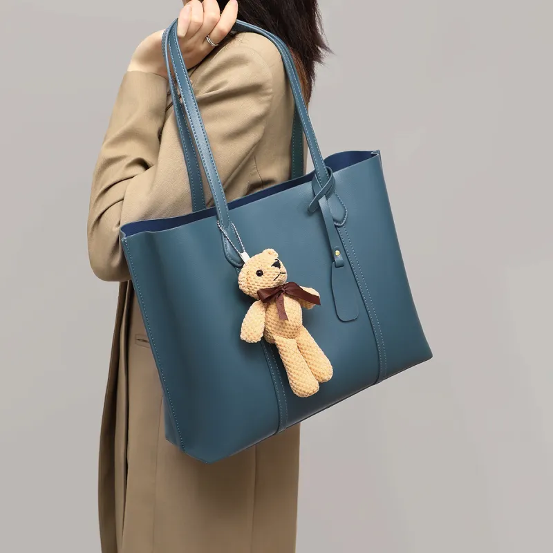 COMELY Cow Leather Patchwork Synthetic Leather Shoulder Bag Tote Regular Women's Blue Apricot Smoke Gray-4