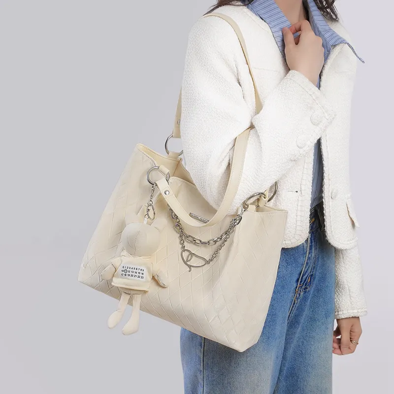 COMELY Synthetic Leather Tote Bag, Shoulder Bag Women's Ecru-2